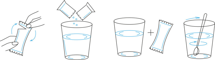 Set depicts the process of dissolving effervescent powder from a sachet into a glass of water. The sequence includes opening the sachet, pouring the powder