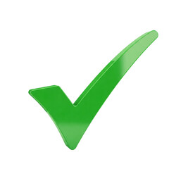 A vibrant green checkmark symbolizes success, approval, and completion with a glossy, three-dimensional design.