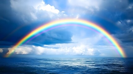 Rainbow Above The Sea: A vibrant rainbow arches across a serene sea, painting a picturesque scene of natural beauty and ethereal wonder.