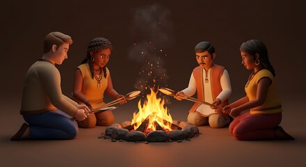 Fototapeta premium People Around Campfire Cooking Together Sharing Stories at Night