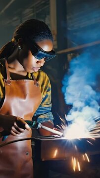 Tall, vertical -A person wearing protective gear and welding, with sparks and smoke visible, highlighting industrial work and safety. Lost art and traditional jobs no longer relevant or hobby