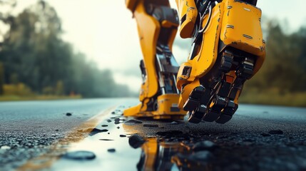 Yellow robotic machine walking on wet road in futuristic landscape