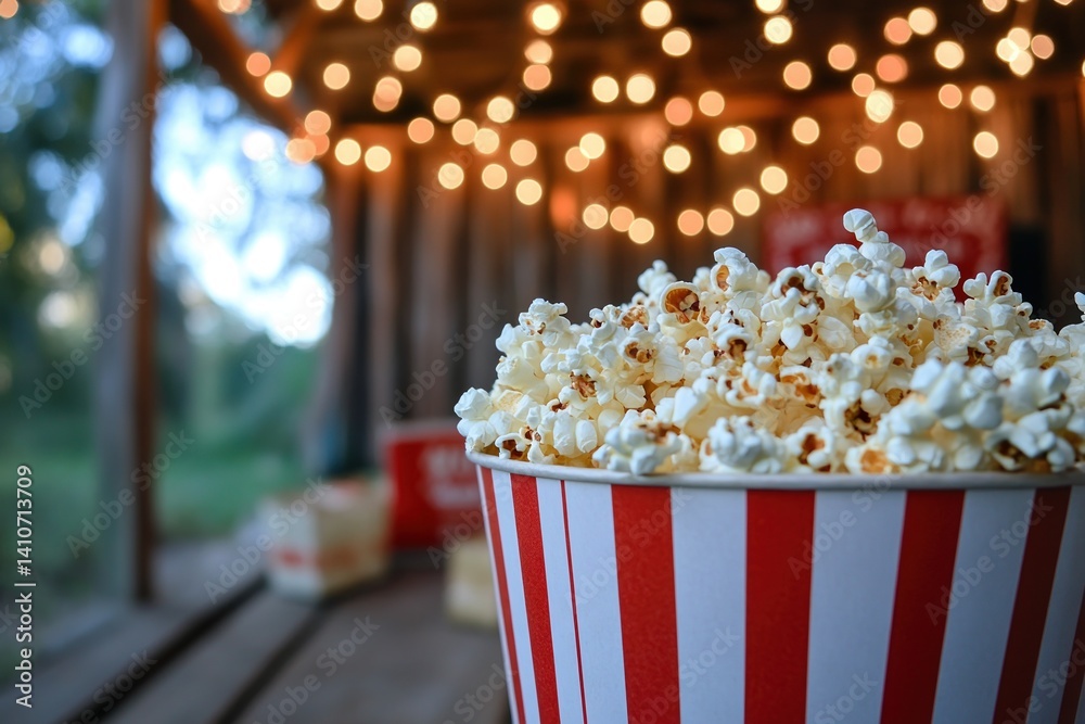 Poster A bucket of popcorn sits in front of string lights on a rustic deck, setting the scene for an outdoor movie night.