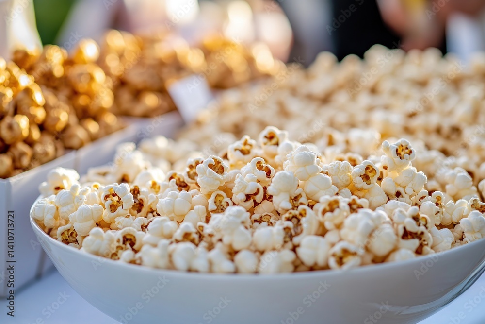 Poster a buffet of popcorn in different flavors. classic and caramel in the foreground. perfect for a party