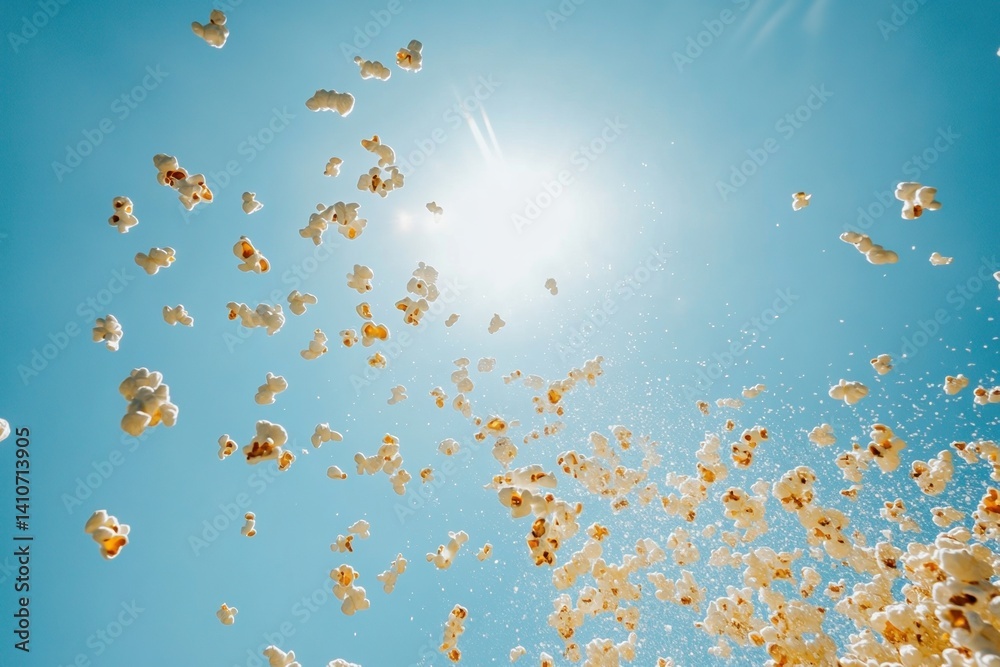 Poster popcorn floating against a bright blue sky with the sun shining down, creating a whimsical and dream
