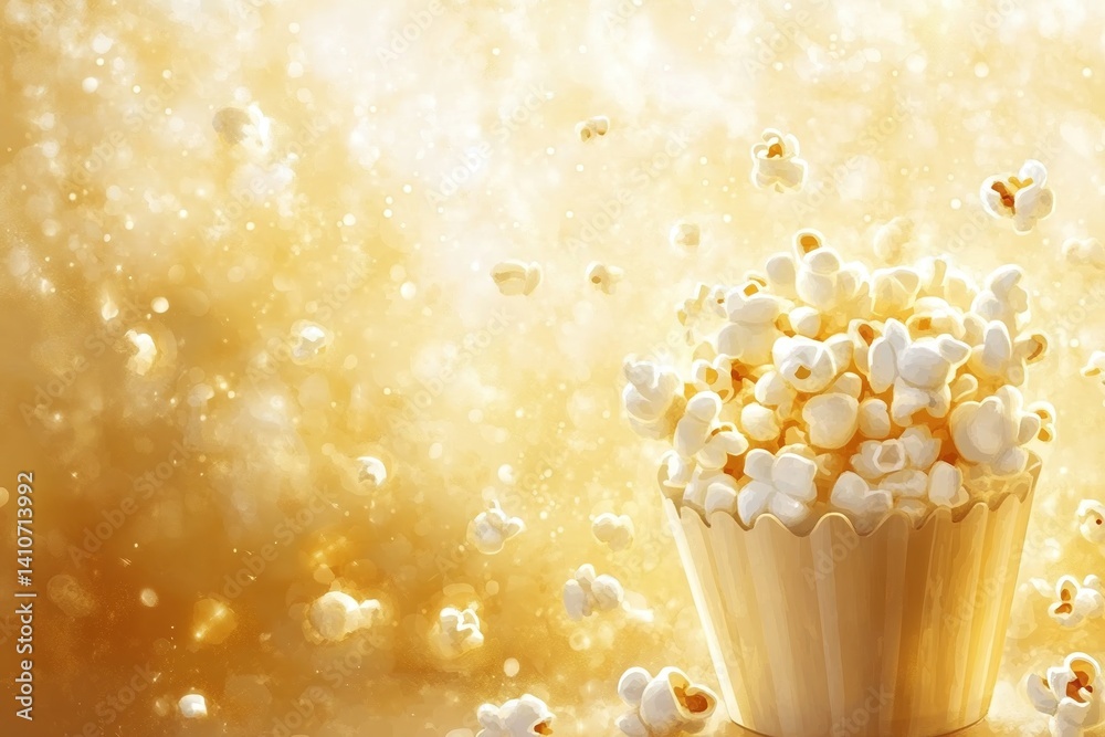 Poster a delightful illustration of popcorn overflowing from a container, surrounded by a golden bokeh back