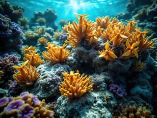 Obraz premium A detailed image showcasing a diverse array of coral formations in a sunlit underwater environment with various colors and textures. The golden corals are the focal point, surrounded by other marine l