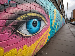 Large blue eye watching over city street art on brick wall