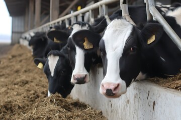 Black and white cows eat forage with farmer in dairy background  
