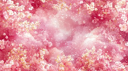 Cherry blossom canopy, pink sky. Floral scene
