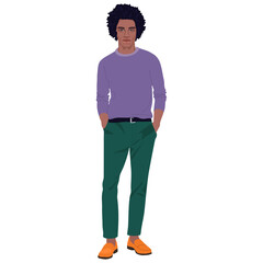 Fototapeta premium Stylish Young Man in Casual Fashionable Outfit. A modern illustration of a handsome guy with dark curly hair, wearing a mint green denim jacket, beige t-shirt, burgundy pants.