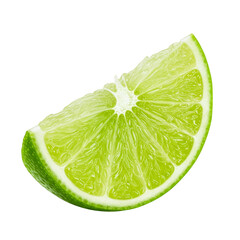 A vibrant lime wedge, juicy and sun-kissed, ready to add zesty flavor to your summer drinks, isolated against a pure white backdrop.