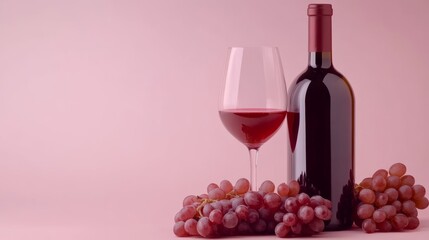Rich red wine in a glass beside a bottle and fresh grapes on a soft pink background, creating an inviting and elegant atmosphere