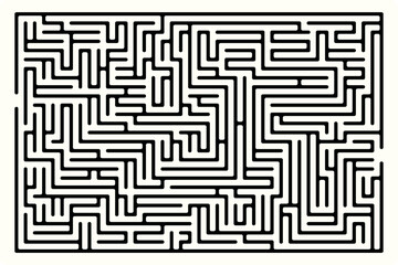 Fun labyrinth (maze) game rectangular shape. Vector graphic illustration of complex labyrinth.
