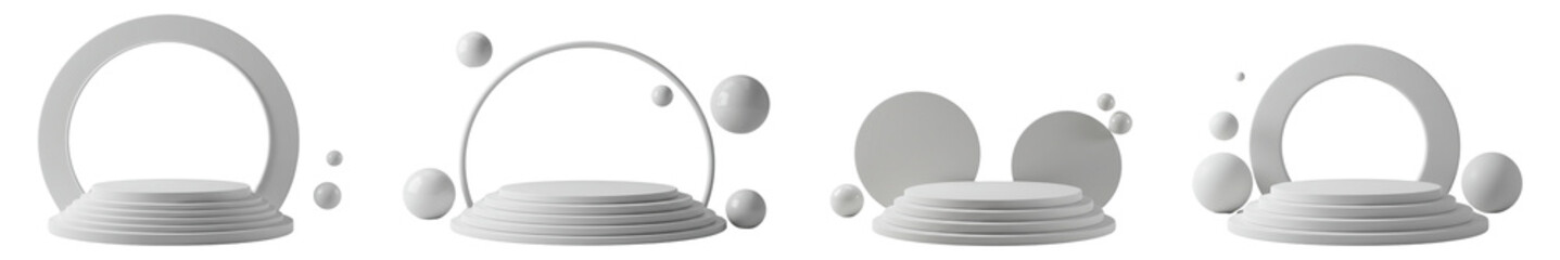 Elegant 3D Rendered White Platforms with Abstract Circles and Spheres on Black Background Ideal for Product Display and on transparent background AI Generative