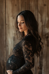 Fototapeta premium Portrait of a pregnant woman in elegant lace attire by wooden background