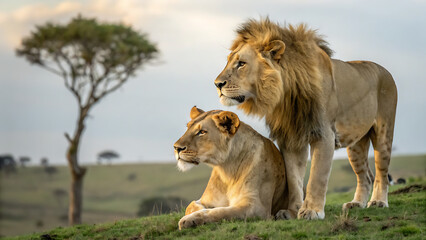 Naklejka premium Stado lwów idące przez suchą sawannę w kierunku kamery, piękne lwy płci męskiej w środku. Park Narodowy Krugera.