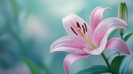 Fototapeta premium A pink lily with soft, graceful petals, creating a gentle and serene atmosphere