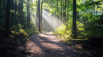 Fototapeta premium Sunlight streams through trees illuminating a forest pathway for a hike