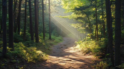 Fototapeta premium A sunlight path through a lush forest guides the viewer forward
