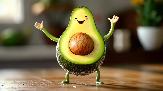 Happy cartoon avocado character dancing and having fun on kitchen table, playful design suitable for funny graphics