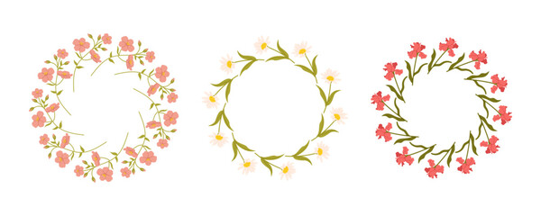 Set of Spring flowers circles. Floral botanical elements with cute spring flowers and leaves. Floral plant branches, stems with blooming blossoms and leaf. Tulips, snowdrops, crocuses, lilies. Flat