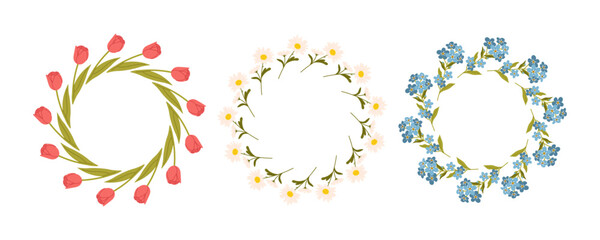 Set of Spring flowers circles. Floral botanical elements with cute spring flowers and leaves. Floral plant branches, stems with blooming blossoms and leaf. Tulips, snowdrops, crocuses, lilies. Flat