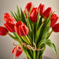 Naklejka premium A vibrant bouquet of red tulips, elegantly tied with natural raffia, garden, red, fresh