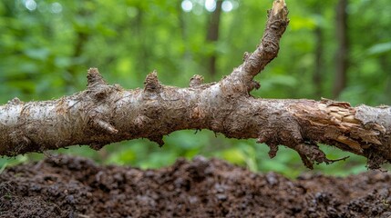 Fototapeta premium Weathered Branch in Forest with Muddy Surface and Green Foliage