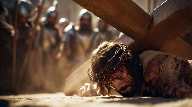 Jesus Christ fell with a cross.