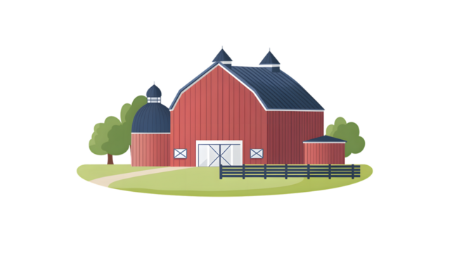 A picturesque rural scene featuring a charming red structure with a blue roof surrounded by lu