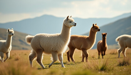 Fototapeta premium Llamas Grazing in a Scenic Mountain Field