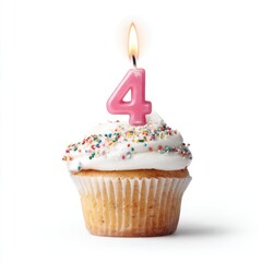 Cupcake with frosting and sprinkles topped with a pink candle isolated on white background