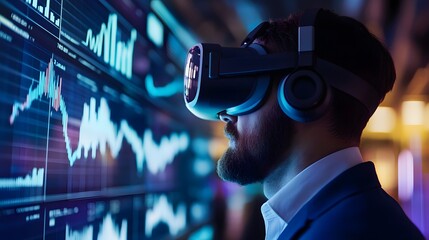 Virtual Reality Business Analyst: A focused businessman wearing a VR headset, immersed in analyzing dynamic financial data displayed on large screens. The scene is set in a futuristic.