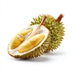 Obraz premium Section of durian fruit showing yellow flesh isolated on white background
