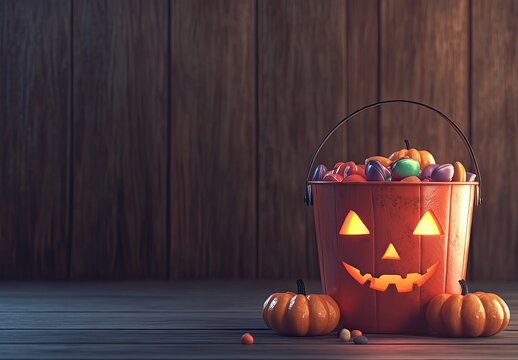 Halloween Candy Bucket with Wooden Background. - Powered by Adobe