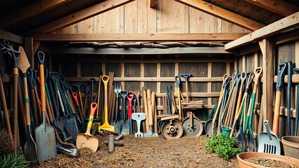 Farm Tools Organized in Rustic Shed - Ready for Harvest