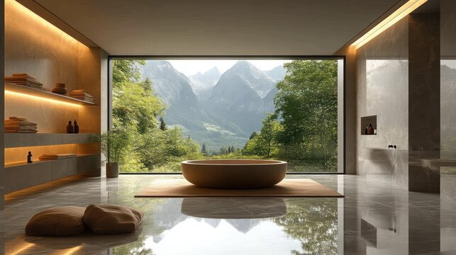 Modern Bathroom with Scenic Mountain View and Luxurious Bathtub
