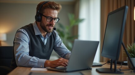 Man in video conference in hotel room, laptop open, wearing headphones, clean modern design, concept of tech-enabled remote meetings.