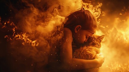 Tears fall as a child hugs their cat, surrounded by smoke and flames, feeling helpless in the face of disaster.