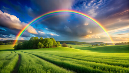 Fototapeta premium Vibrant Rainbow Over Lush Green Fields And Dramatic Cloudy Sky