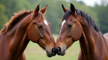 Obraz premium Portrait of Stallion and Mare Horses in Love, Nosing Each Other 