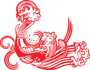 Vector Chinese koi fish ornamental design with wave background. Asian luxury traditional fish illustration for greeting cards, Chinese New Year designs, posters, calendars, logos, signs. Cut-ready.