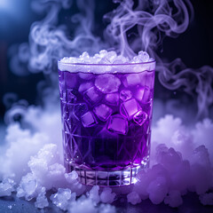 A purple glowing cocktail in a glass with smoking dry ice, creating a mystical effect.