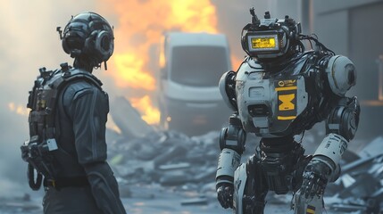 Naklejka premium Cybernetic Sentinel: A futuristic scene depicting a human figure alongside a advanced robot, the backdrop reveals a scene of chaos, fire engulfing a vehicle, perhaps a collision or explosion.