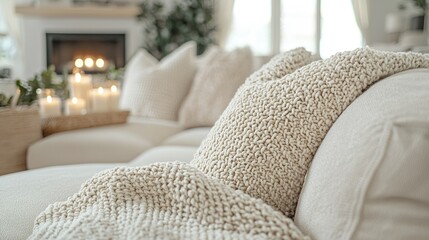 Cozy living room pillows, blanket, fireplace, & candlelight ambience