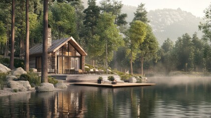 Obraz premium A rustic cabin rests peacefully by a serene lake surrounded by trees