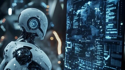 Robot in Data Center: A modern robotic figure stands before a mesmerizing holographic display, engrossed in the intricate digital landscape of a futuristic data center.
