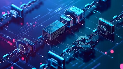 Cybernetic Chain Reaction: Abstract digital art depicting a complex network of interconnected metallic blocks and chains, symbolizing technological advancement and intricate systems.