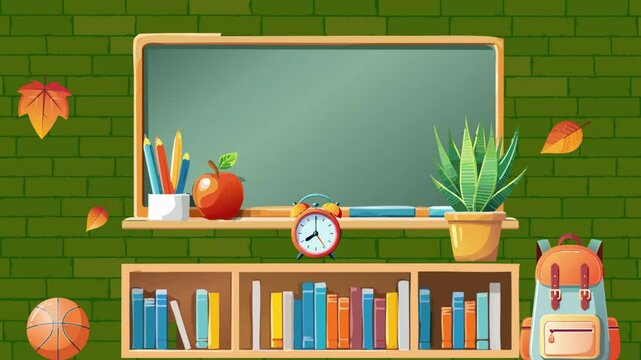 Dynamic video, welcome Back to school concept blackboard with school staff, backpack, pencils, books	and study stuff  - Powered by Adobe